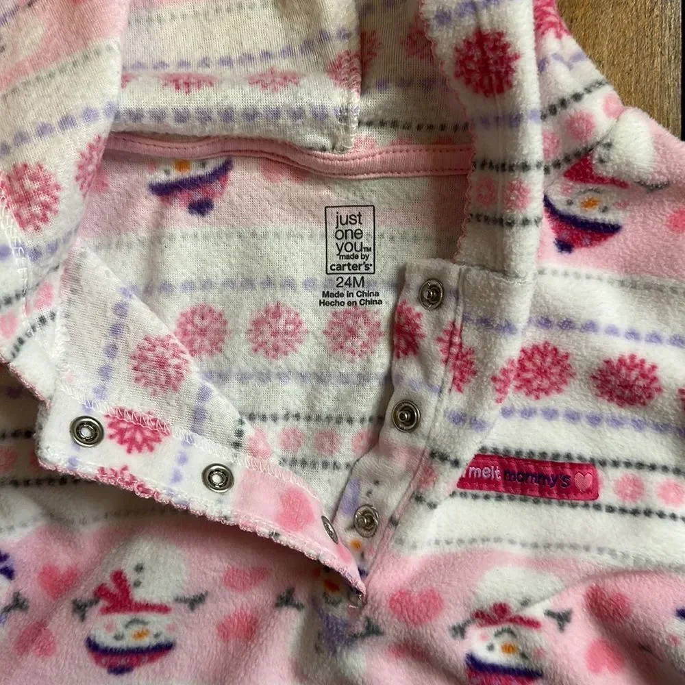 Carters Fleece outfit 24 months one piece outfit pink snowman hooded Valentines